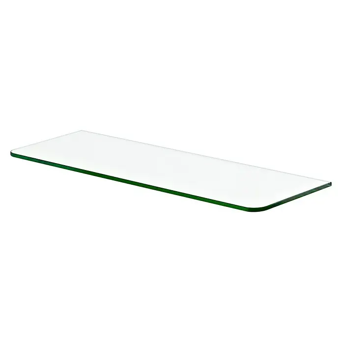 Dolle Glasboden Standard - L x B x S: 60 x 20 x 0,8 cm, Klar - Nahaufnahme einer rechteckigen, transparenten Glasablage mit abgerundeten Ecken auf schwarzem Hintergrund.