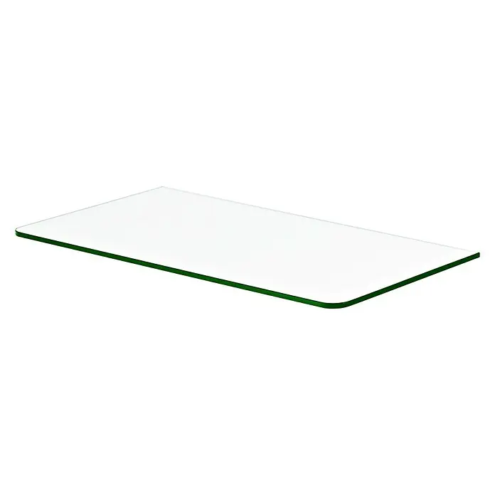 Dolle Glasboden Standard - L x B x S: 60 x 30 x 0,8 cm, Klar - Das Bild zeigt eine rechteckige, weiße Glasplatte mit abgerundeten Ecken und einem grünen Rand, die auf einem schwarzen Hintergrund liegt.