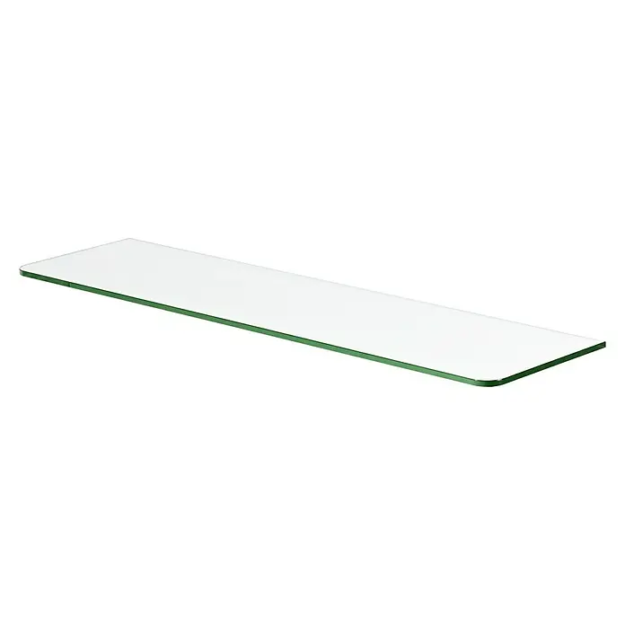 Dolle Glasboden Standard - L x B x S: 80 x 20 x 0,8 cm, Klar - Nahaufnahme einer rechteckigen Glasablage mit abgerundeten Kanten vor einem schwarzen Hintergrund.