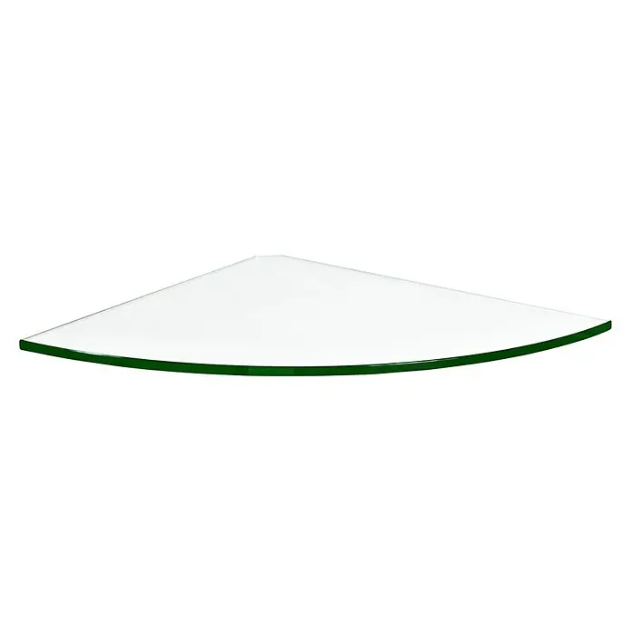 Dolle Glasboden Corner - L x B x S: 30 x 30 x 0,8 cm, Klar - Nahaufnahme eines dreieckigen Glasregals mit grünen Kanten vor einem schwarzen Hintergrund, ideal für Badezimmer oder Ecken.