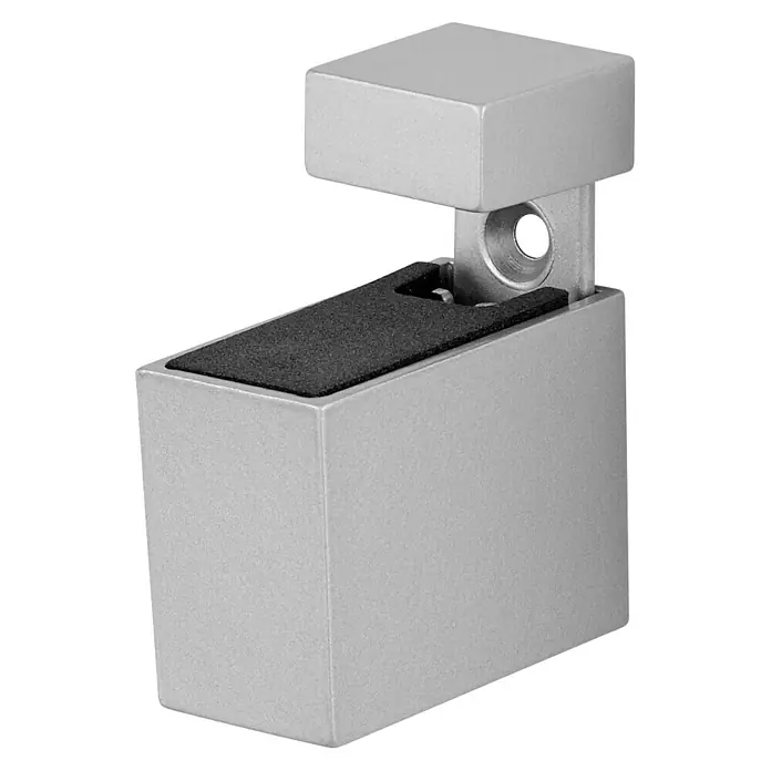 Dolle Wandregalhalter-Set Cuadro - Belastbarkeit: 25 kg, Passend für: Regalbodenstärke 6 - 20 mm, Silber, 2 Stk. - Nahaufnahme einer silbernen Regalhalterung mit quadratischem Design und schwarzer Polsterung für Glasböden.