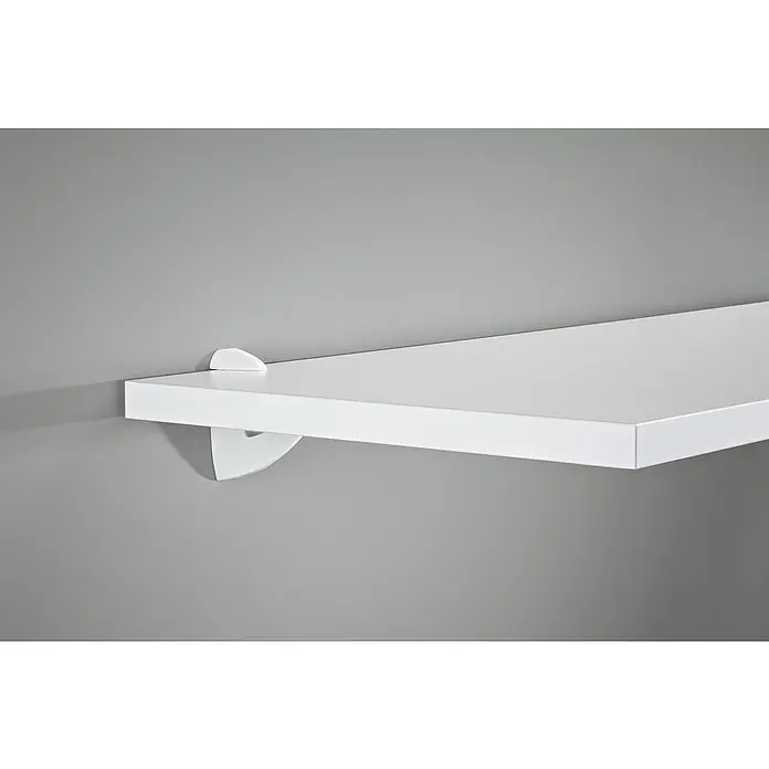 Dolle Wandregalhalter-Set Scoop - Belastbarkeit: 25 kg, Passend für: Regalbodenstärke 6 - 25 mm, Weiß, 2 Stk. - Nahaufnahme eines weißen Wandregals an einer grauen Wand, das schlichtes Design und Funktionalität für moderne Wohnräume bietet.