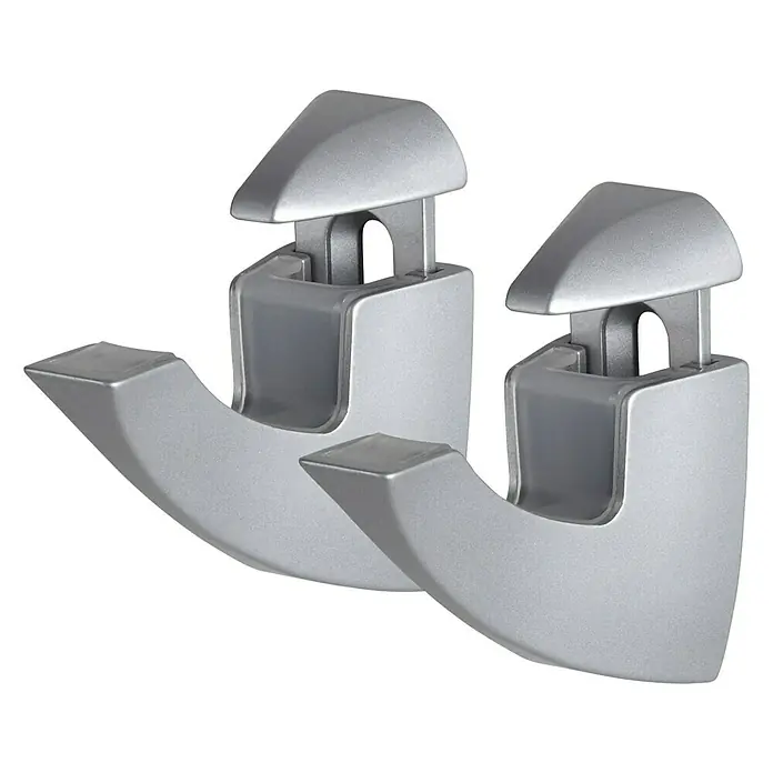 Dolle Wandregalhalter-Set Scoop - Belastbarkeit: 25 kg, Passend für: Regalbodenstärke 6 - 25 mm, Silber, 2 Stk. - Ein Paar silberne Wandhaken mit abgerundeten Formen und minimalistischem Design, ideal für moderne Innenräume.