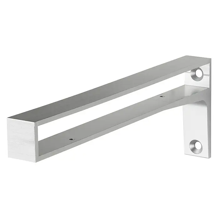 Dolle Soporte de pared para estantes Belt - L x An x Al: 312 x 110 x 30 mm, Carga soportada: 40 kg, Plateado - Primer plano de un soporte de estante plateado con un diseño moderno y minimalista, con orificios de montaje.