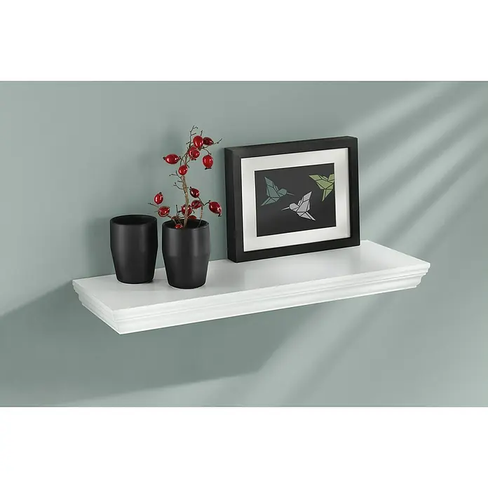 Dolle Estante flotante Profile - L x An x Al: 60 x 20 x 4,5 cm, Carga soportada: 6 kg, Blanco - Elegante estante flotante blanco con elementos decorativos como jarrones y un cuadro enmarcado, ideal para un diseño de habitación elegante.