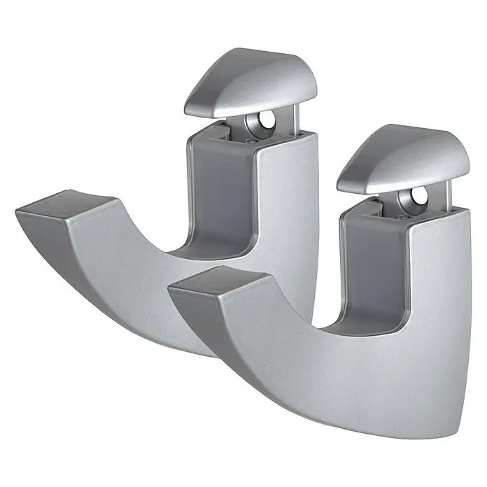 Dolle Wandregalhalter-Set Scoop - Belastbarkeit: 25 kg, Passend für: Regalbodenstärke 5 - 40 mm, Silber, 2 Stk. - Nahaufnahme von zwei modernen, silbernen Wandhaken, ideal für Badezimmer oder Flur, die Funktionalität und stilvolles Design vereinen.