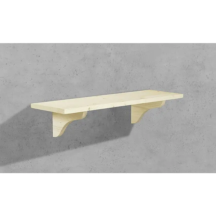 Dolle Wandregal Pur - L x B x H: 18 x 60 x 1,6 cm, Belastbarkeit: 15 kg, Holz - Dieses Bild zeigt ein helles, hölzernes Wandregal mit zwei geschwungenen Halterungen vor einer grauen Wand. Praktisch und dekorativ.
