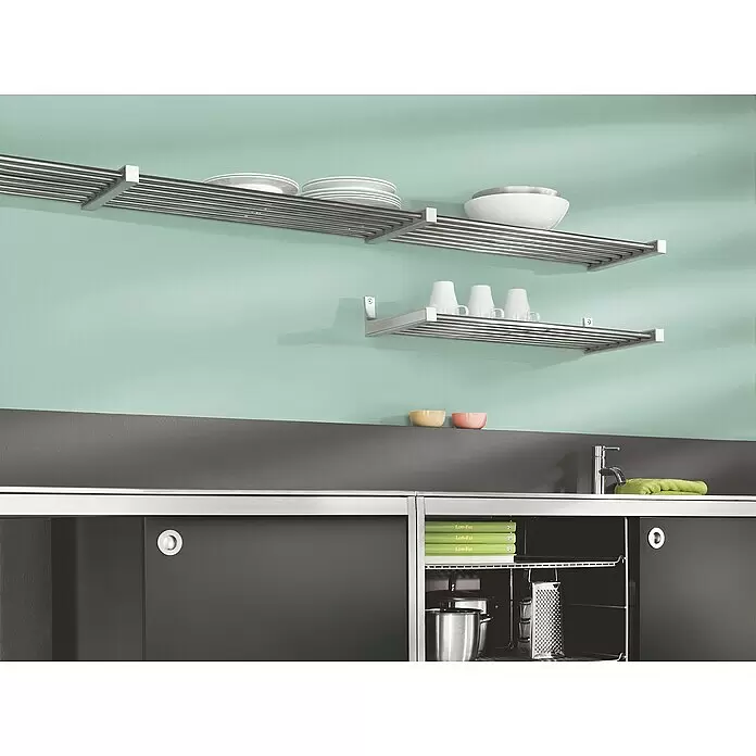 Dolle Balda adicional Sumo - L x An x Al: 80 x 30 x 2,5 cm, Acero inoxidable - Estantes de pared de acero inoxidable en cocina moderna, con platos, cuencos y tazas blancos.