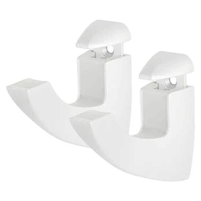 Dolle Wandregalhalter-Set Scoop - Belastbarkeit: 25 kg, Passend für: Regalbodenstärke 5 - 40 mm, Weiß, 2 Stk. - Zwei weiße Kunststoffhaken zur Wandmontage mit abgerundeten Formen und einer hellen, reflektierenden Oberfläche auf schwarzem Grund.