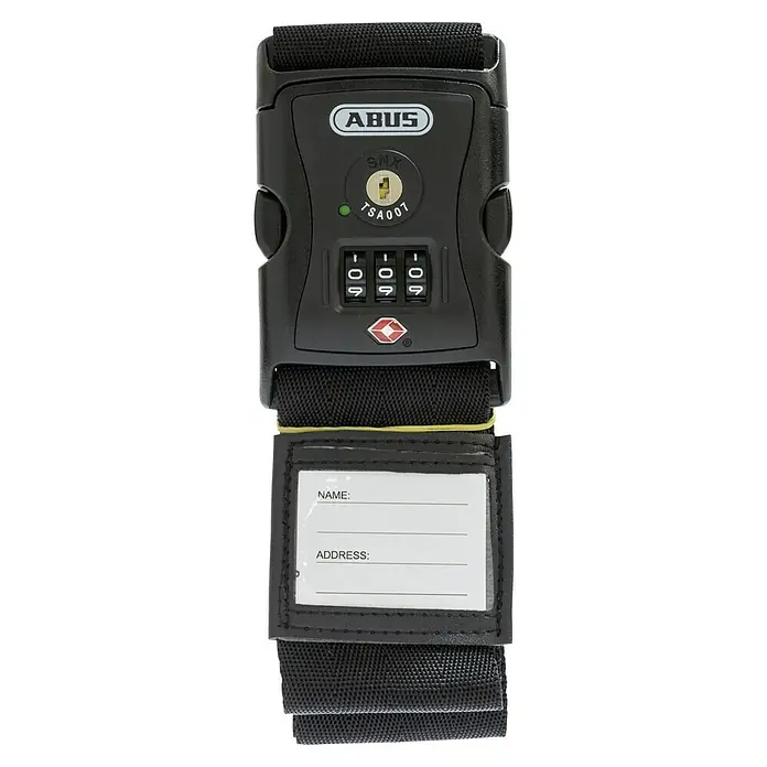 Abus Correa de sujeción con candado TSA - Largo: 192 cm, Número de dígitos en combinación: 3 ud., Negro - Cinta para equipaje ABUS negra con candado de combinación y etiqueta de dirección para asegurar e identificar el equipaje de viaje.