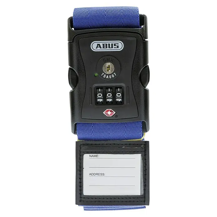 Abus Correa de sujeción con candado TSA - Largo: 192 cm, Número de dígitos en combinación: 3 ud., Azul - Correa de equipaje con bloqueo ABUS. La correa es azul y tiene un bloqueo de combinación TSA integrado y campo de dirección para viajar.