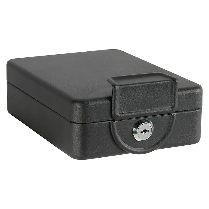 Arregui Caja de caudales - L x An x Al: 203 x 160 x 75 mm, Negro - Primer plano de una caja de caudales negra con llave, que ofrece seguridad y organización para objetos de valor.