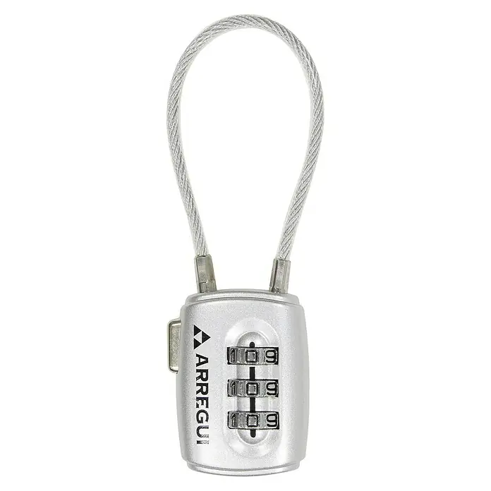 Arregui Candado con combinación A-1313111 - An x L: 28,5 x 12,2 mm, Zinc, Número de dígitos en combinación: 3 ud., Plateado - Candado de combinación Arregui plateado con arco de cable para equipaje o bicicleta que proporciona seguridad.