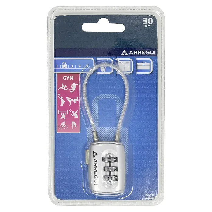 Arregui Candado con combinación A-1313111 - An x L: 28,5 x 12,2 mm, Zinc, Número de dígitos en combinación: 3 ud., Plateado - Imagen de un nuevo candado de combinación Arregui Gym Security en plata, empaquetado en plástico con los números 109, 109, 109.