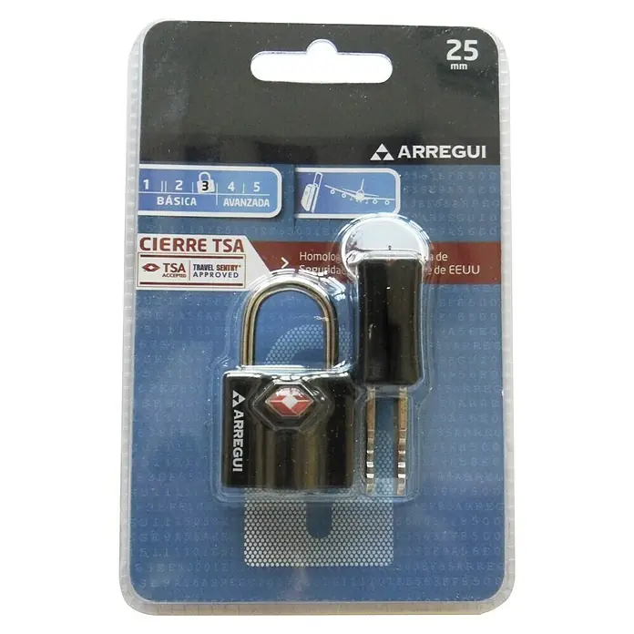Arregui Candado A-1313060 - An x Al: 26 x 14,5 mm, Acero - Imagen de un candado Arregui aprobado por la TSA con llaves, ideal para asegurar el equipaje.