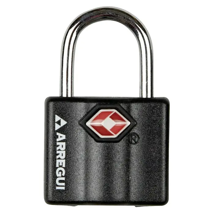 Arregui Candado A-1313060 - An x Al: 26 x 14,5 mm, Acero - Primer plano de un candado negro ARREGUI TSA para equipaje con un grillete plateado y un logotipo de diamante rojo para viajar seguro.