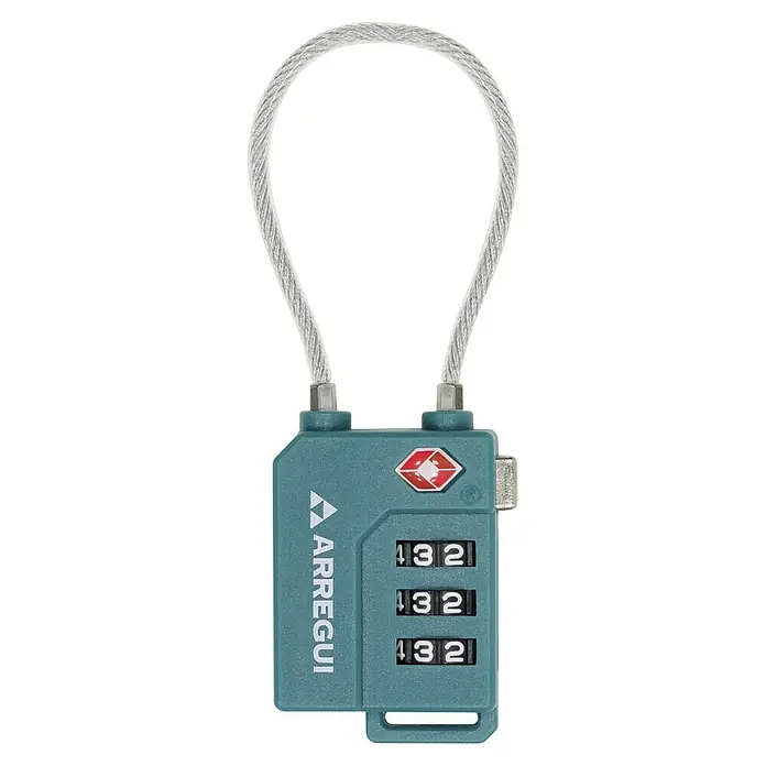Arregui Candado con combinación A-1313120 - An x L: 31 x 13 mm, Plástico, Número de dígitos en combinación: 3 ud., Verde - Un candado de combinación Arregui color verde azulado con bucle de cable para equipaje, que brinda seguridad al viajar.