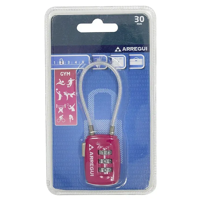 Arregui Candado con combinación A-1313110 - An x L: 28,5 x 12,2 mm, Zinc, Número de dígitos en combinación: 3 ud., Rosa - Candado de combinación rosa Arregui con arco de alambre y código de tres dígitos, ideal para asegurar taquillas en el gimnasio.