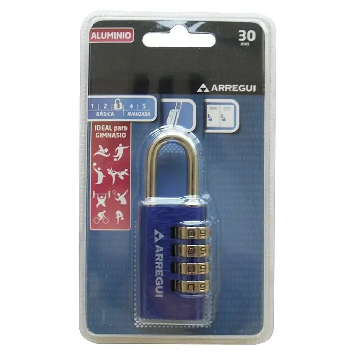 Arregui Candado con combinación A-1313080 - An x L: 30 x 12,3 mm, Aluminio, Número de dígitos en combinación: 4 ud., Azul - Candado de combinación azul de Arregui en un embalaje transparente. Ideal para uso en gimnasios y otros lugares que requieran seguridad.