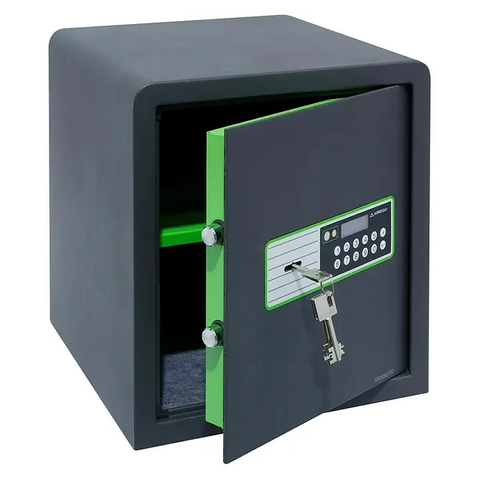 Arregui Caja fuerte Supra 240060 - L x An x Al: 36 x 35 x 38 cm, Códigos de usuario, 39 l - Caja fuerte gris Arregui con puerta abierta, cerradura electrónica, llave y detalles en verde.