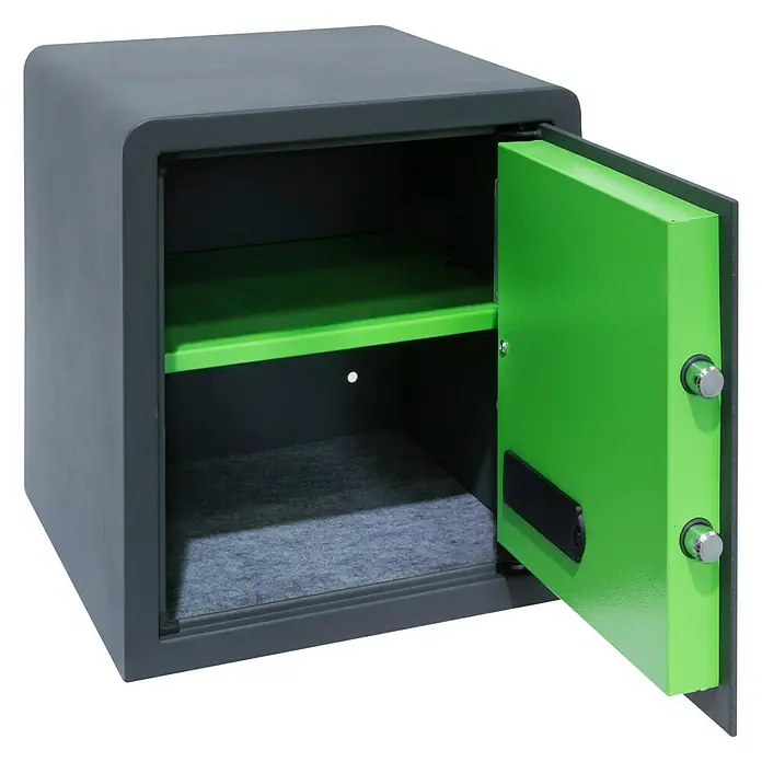 Arregui Caja fuerte Supra 240060 - L x An x Al: 36 x 35 x 38 cm, Códigos de usuario, 39 l - La caja fuerte abierta en gris y verde con un compartimento ofrece un amplio espacio para objetos de valor y documentos.