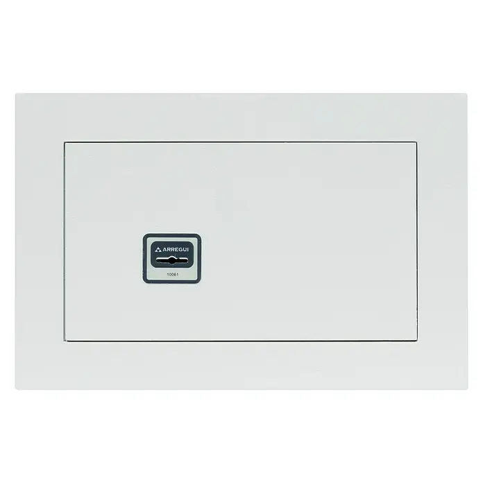 Arregui Caja fuerte empotrable Ideal 5 - L x An x Al: 20 x 35 x 23 cm, Llave - Buzón blanco de pared Arregui con una pequeña ranura y el logotipo de la empresa.
