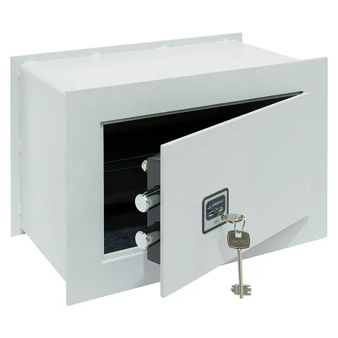 Arregui Caja fuerte empotrable Ideal 5 - L x An x Al: 20 x 35 x 23 cm, Llave - Caja fuerte abierta con llave en la cerradura, almacenamiento seguro para documentos y objetos de valor importantes.