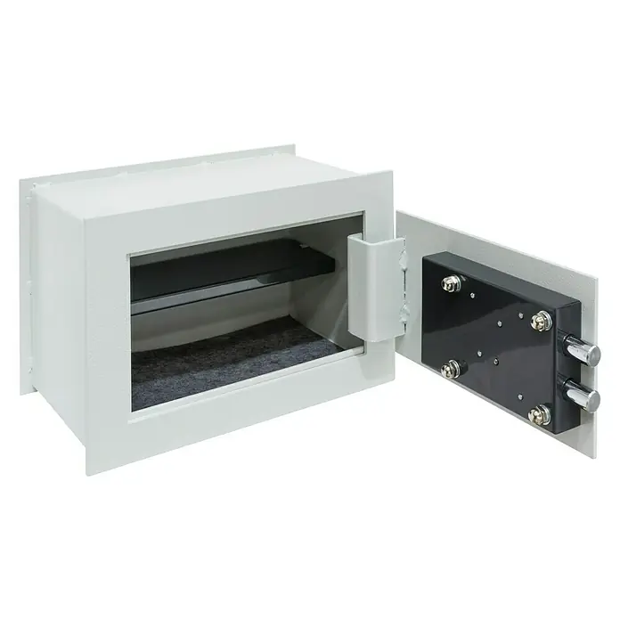 Arregui Caja fuerte empotrable Ideal 5 - L x An x Al: 20 x 35 x 23 cm, Llave - En la imagen se muestra una caja fuerte blanca con cerradura abierta para almacenamiento seguro de objetos de valor y documentos.