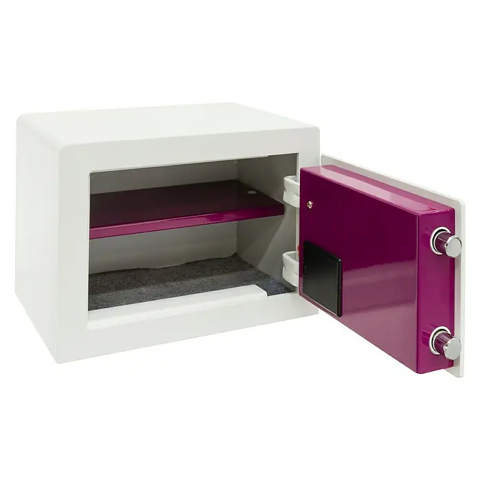 Arregui Caja fuerte Forma Evolution 150020 - L x An x Al: 250 x 350 x 250 mm, Cerradura de combinación electrónica, Blanco - En la imagen, una caja fuerte con puerta morada abierta y cuerpo blanco. En el interior, un estante y una moqueta.