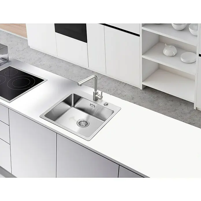 Respekta Fregadero encastrable Chicago - 50 x 50 cm, Acero inoxidable - Fregadero de acero inoxidable con grifo moderno en una cocina minimalista y elegante. Diseño elegante para cocinas contemporáneas.