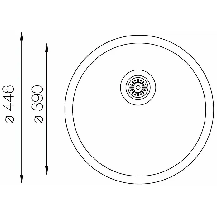 Respekta Einbauspüle Portland - Durchmesser: 44,6 cm, Edelstahl - Abbildung einer runden Spüle mit einem Durchmesser von 446 mm und einem Innenkreis von 390 mm, inklusive Ablaufgarnitur.