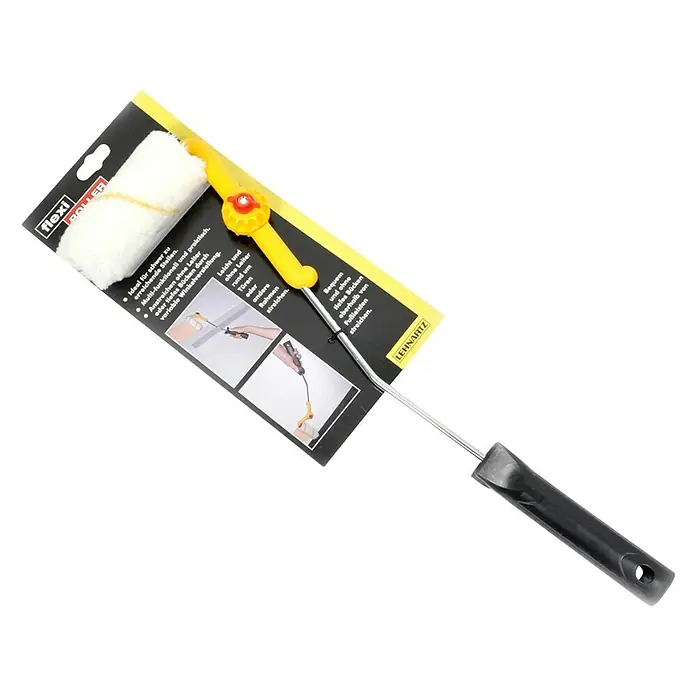 Lehnartz Farbroller Flexi - 11 cm, Stufenlos verstellbar - Nahaufnahme einer Flexi-Bürstenwalze mit gelbem Griff und schwarzem Griff, ideal zum Malen schwer zugänglicher Stellen.