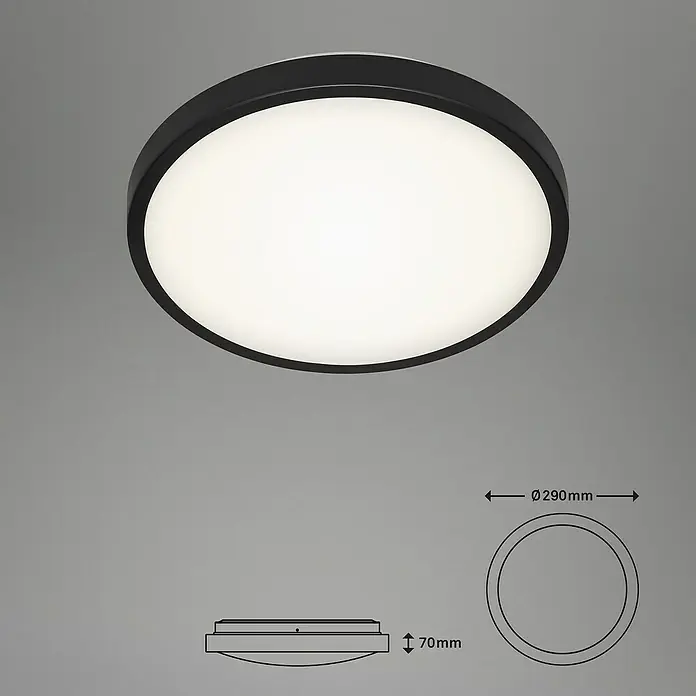 Brilo Plafón LED redondo Manny - 12 W, Ø x Al: 290 mm x 7 cm, Negro, Blanco neutro - Primer plano de una lámpara de techo LED redonda con un borde negro y un boceto que describe las dimensiones.
