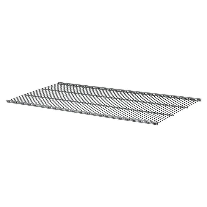 Dolle Walk In Balda de alambre - L x An: 40,6 x 80 cm, Apto para: Guías colgantes, Gris - Una estantería metálica gris rectangular con una estructura de malla fina sobre un fondo negro. Ideal para almacenamiento.