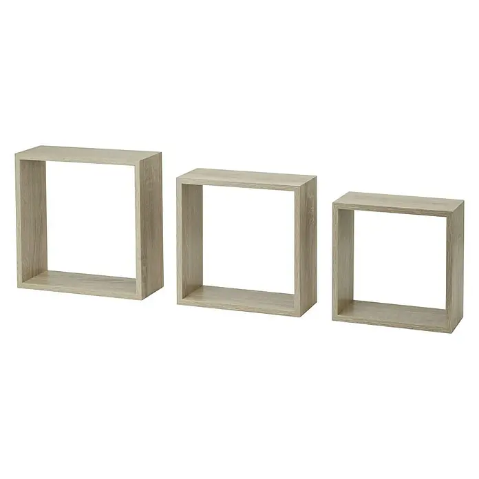 Dolle Wandregal-Set Frame - Belastbarkeit: 5 kg, Eiche - Drei quadratische Regale aus hellem Holz, ideal zur Wandmontage und als dekoratives Element im Wohnbereich.