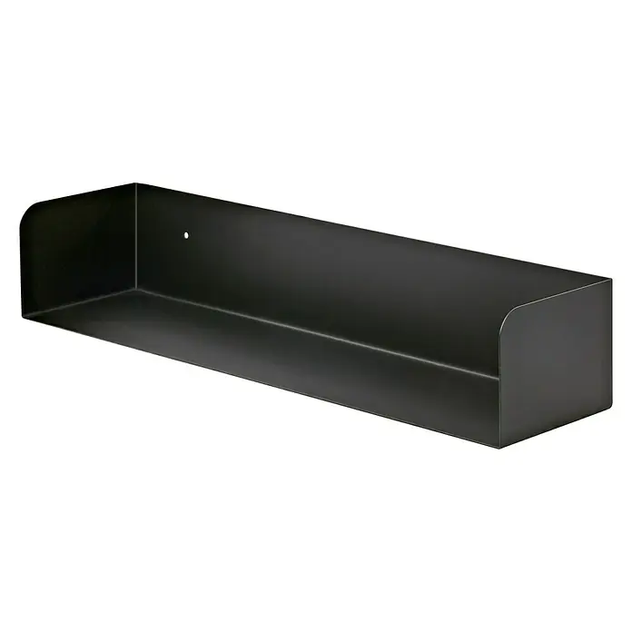 Dolle Wandregal Showcase - L x B x H: 60 x 15 x 11,5 cm, Schwarz, Belastbarkeit: 10 kg, Stahl - Aufnahme eines modernen schwarzen Wandregals auf schwarzem Hintergrund. Das schlichte Design bietet eine stilvolle Möglichkeit zur Aufbewahrung.