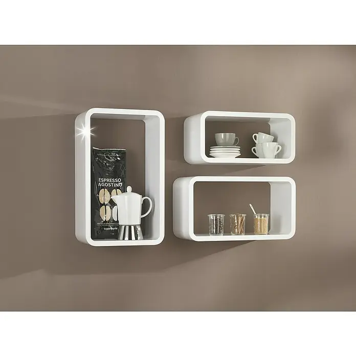 Dolle Set de estanterías Long Cube - 3 pzs., Blanco - Estanterías de pared blancas con paquete de café, cafetera exprés, tazas y vasos. Diseño elegante para decoración del hogar.
