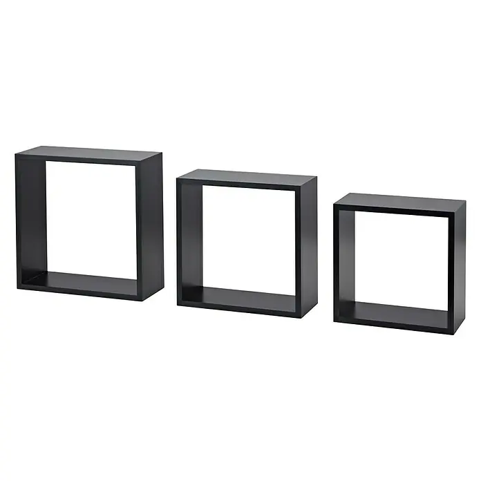 Dolle Wandregal-Set Frame - Belastbarkeit: 5 kg, Schwarz - Das Bild zeigt drei schwarze, quadratische Regale in verschiedenen Größen, die eine moderne und minimalistische Ästhetik vermitteln.