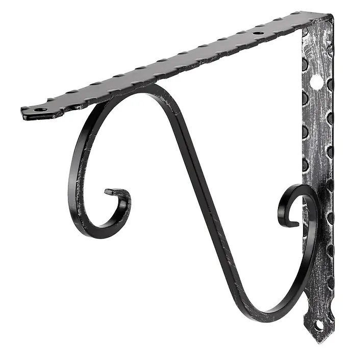Dolle Stegkonsole Ornament - L x H: 200 x 150 mm, Schwarz - Elegante, geschwungene Regalhalterung in Schwarz und Silber, ideal für die stilvolle Wandmontage von Regalen. Robuste Ausführung.