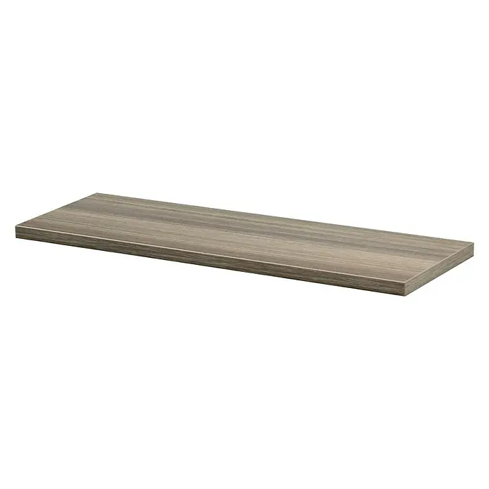 Dolle Estante flotante Lite - L x An x Es: 60 x 20 x 1,9 cm, Marrón - Una estantería flotante de madera gris que muestra una textura natural de vetas de madera, sobre un fondo oscuro y neutro. Ideal para decoración elegante.