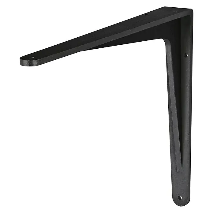 Dolle Stegkonsole - L x B: 290 x 240 mm, Schwarz - Nahaufnahme einer schwarzen, gusseisernen Winkelkonsole mit Befestigungslöchern, ideal für Regal- oder Wandinstallationen.