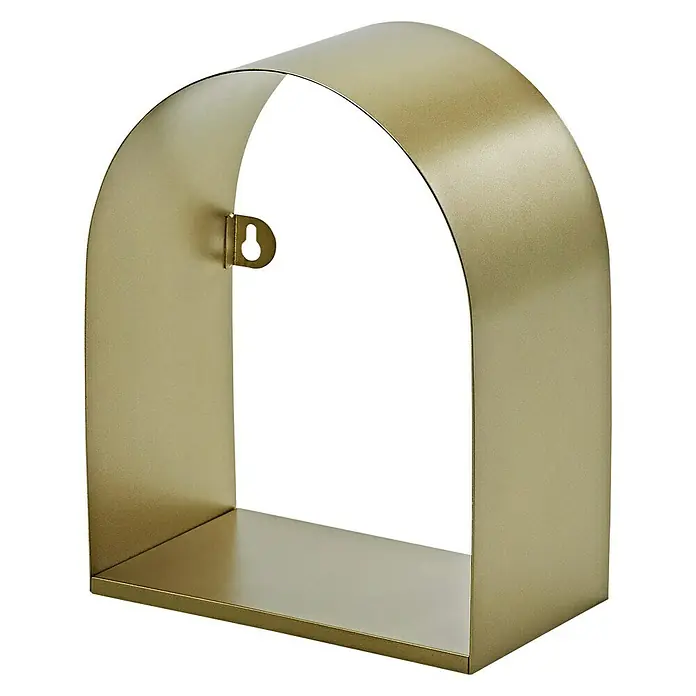 Dolle Estante de pared Lido - L x An x Al: 22 x 25 x 20 cm, Acero - Primer plano de una estantería de pared dorada en forma de arco con un gancho de ojo de cerradura para colgar en la parte posterior, ideal para la decoración.