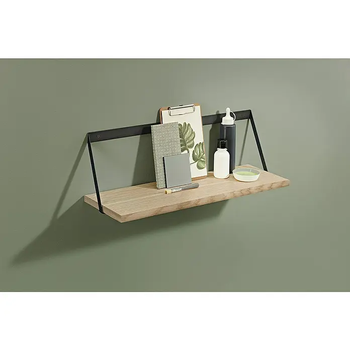 Dolle Wandregal Edge - L x B x H: 20 x 60 x 21,5 cm - Wandregal mit Holzplatte und schwarzen Metallhalterungen, dekoriert mit Notizblock, Stift und Flaschen.