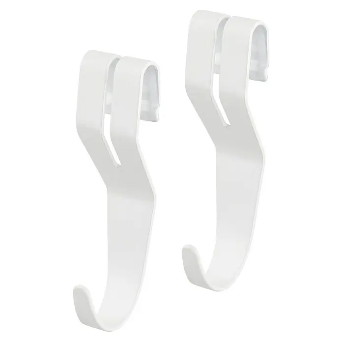 Dolle Walk In Gancho para colgar - L x An x Al: 8,2 x 2,3 x 14,6 cm, Acero, Blanco - Dos ganchos blancos, útiles para colgar almacenamiento o propósitos de exhibición, resaltan sobre un fondo oscuro.