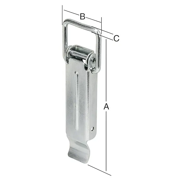 Vormann Cierre de apriete - L x An: 74 x 30 mm, Acero - Vista de un robusto cierre de caja plateado con dimensiones A, B y C, ideal para sujeciones seguras.