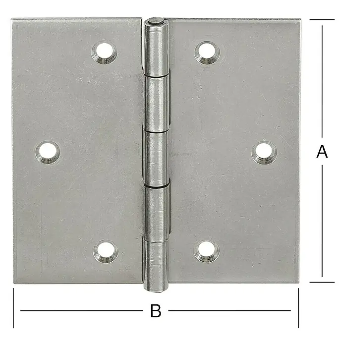 Vormann Scharniere - 30 x 30 mm, Edelstahl - Nahaufnahme eines silbernen Türscharniers mit vier Schraubenlöchern auf jeder Seite, perfekt für jede Tür.