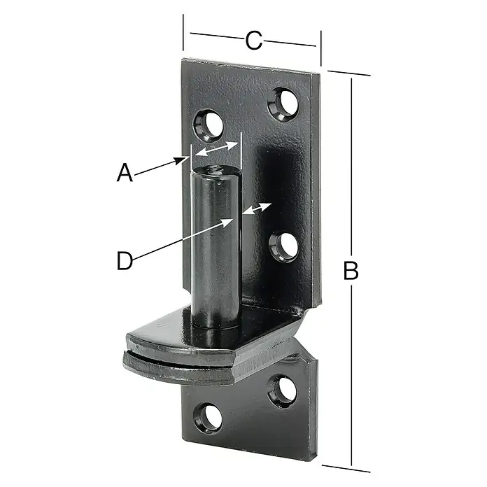 Stabilit Aufschraubkloben - Durchmesser Dorn: 10 mm, Abstand Dorn bis Platte: 9,3 mm, L x B: 85 x 33 mm - Abbildung eines schwarzen Bolzenbandes mit den Maßen A, B, C und D. Das Bolzenband ist aus Metall und hat Löcher zur Befestigung.