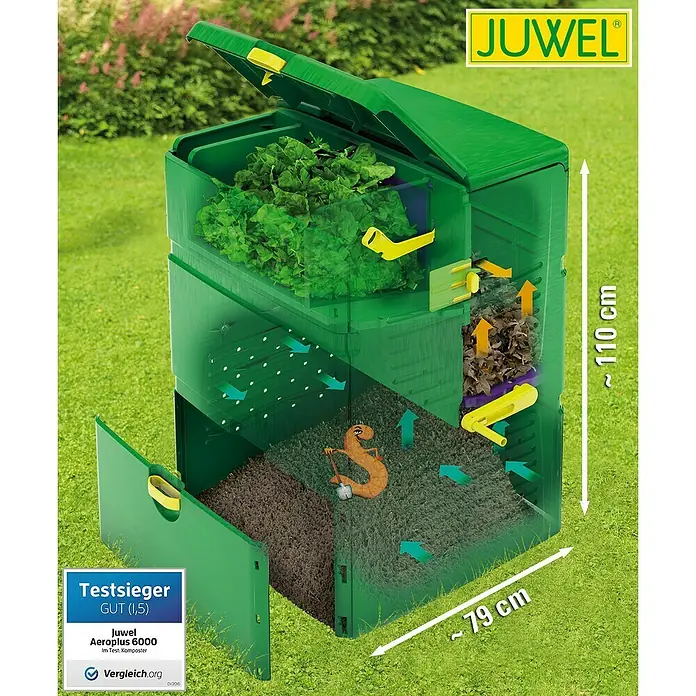 Juwel Aeroplus Komposter 6000 - 600 l, 79 x 79 x 110 cm - Das Bild zeigt einen grünen Juwel Aeroplus 6000 Komposter mit geöffnetem Deckel und Füllstandsanzeige. Die Maße sind 110 x 79 cm.