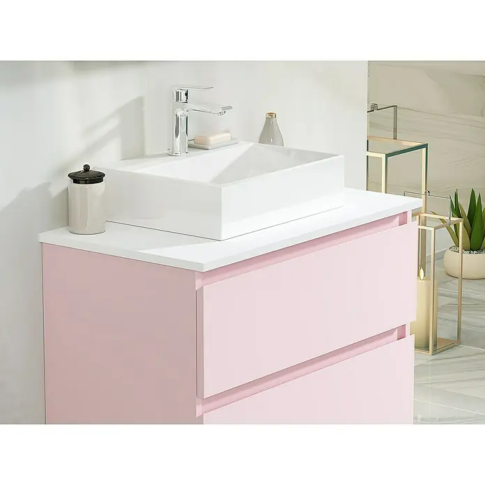 Artysan Mueble bajo de lavabo Fons - 46 x 100 x 56 cm, Rosa - Este moderno mueble de baño rosa con un lavabo sobre encimera blanco ofrece un almacenamiento elegante y una estética elegante.