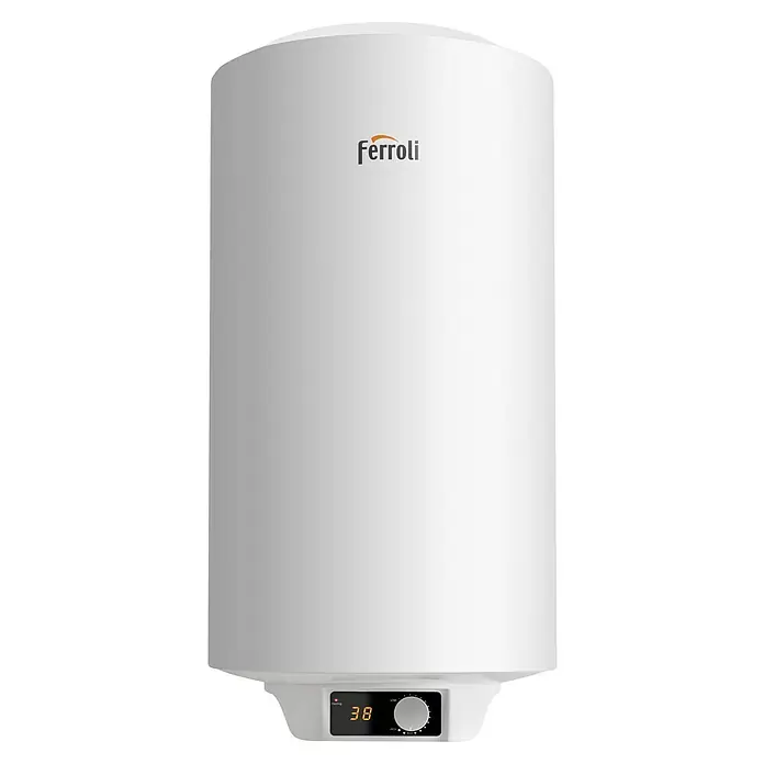 Ferroli Termo eléctrico Tiber C 50 - 50 l, 1.500 W, Montaje en la pared - Un calentador de agua Ferroli blanco con una pantalla digital que muestra una temperatura de 38 grados.